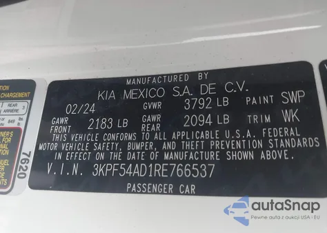 2024 Kia Forte Gt-Line z USA, uszkodzony, nr VIN 3KPF54AD1RE766537